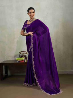 Sethnic Lifestyle - Cocktail Wear Zarkan Work Purple Saree With Unstitched Blouse