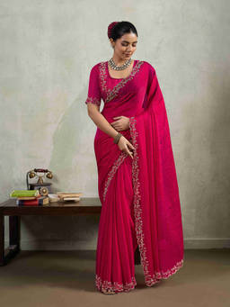 Sethnic Lifestyle - Cocktail Wear Zarkan Work Pink Saree With Unstitched Blouse