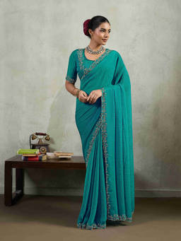 Sethnic Lifestyle - Cocktail Wear Zarkan Work Blue Saree With Unstitched Blouse