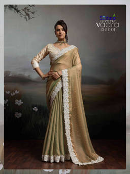 Sethnic Lifestyle - Chiffon Velvet Embroidered Beige Saree With Unstitched Blouse