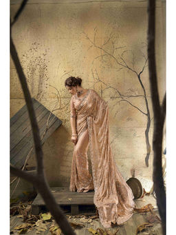 Sethnic Lifestyle - Premium Champagne Peach Velvet Satin Wedding Saree With Unstitched Blouse