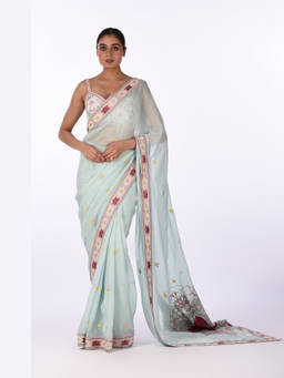 Isha and Anshul - Sky Blue Embroidered Organza Saree