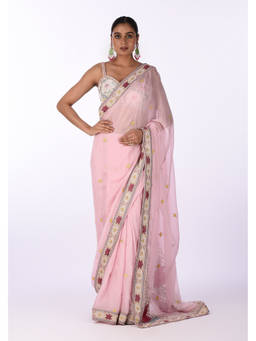 Isha and Anshul - Pastel Pink Embroidered Organza Saree