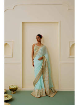Gopi Vaid - Ameria Blue Saree with Sticthed Blouse
