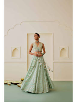 Gopi Vaid - Nazm Blue Blouse with Lehenga and Dupatta