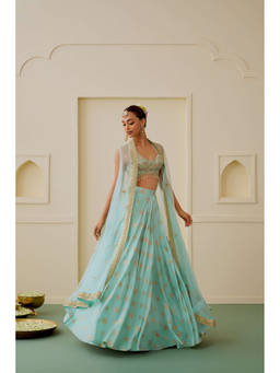 Gopi Vaid - Sahibaa Blue Blouse with Lehenga and Cape