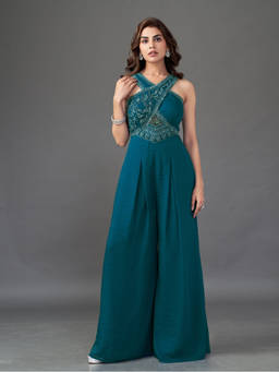 Qunic - Teal Script Embroidery Jumpsuits