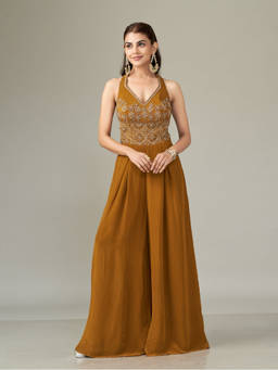 Qunic - Mustard Gold Dune Party Wear Jumpsuit