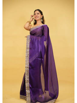 Shobitam - Royal Purple Cotton Organza Crepe Zari Embroidery Ready To Wear Saree