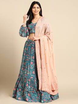 ASMI By Mayank Modi - Blue Muslin Print Lehenga with Dupatta and Blouse