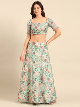 ASMI By Mayank Modi - Blue Print Silk Muslin Silk Lehenga and Blouse