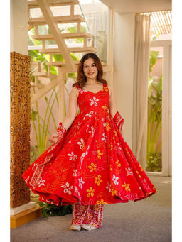 Idaho Clothing - Red Abhinaya Cotton Anarkali with Pant & Dupatta