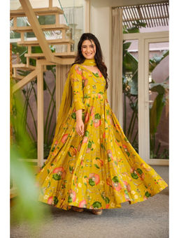 Idaho Clothing - Antique Mustard Floral Anarkali with Pant & Dupatta