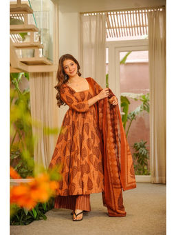 Idaho Clothing - Brown Anvaya Block Printed Cotton Anarkali with Palazzo & Dupatta