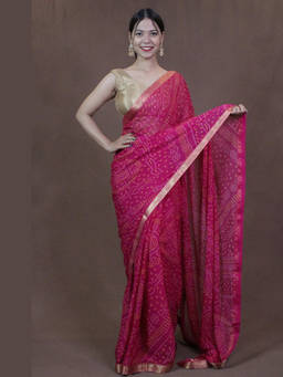 Shobitam - Pink Bandhani Chiffon Wrap In 1 Minute Saree with Unstitched Blouse