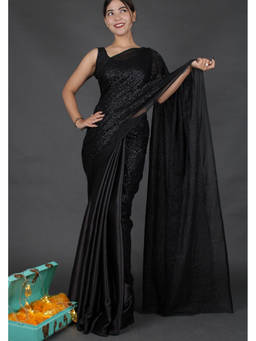 Shobitam - Black Georgette Sequin Woven Wrap In 1 Minute Saree with Unstitched Blouse