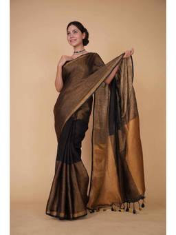 Shobitam - Premium Handloom Bhagalpuri Linen Silk Black Predraped Saree With Unstitched Blouse