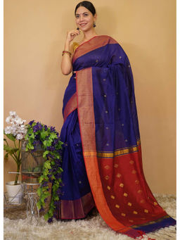 Shobitam - Blue Maheshwari Cotton Silk Zari Border Wrap In 1 Minute Saree with Unstitched Blouse