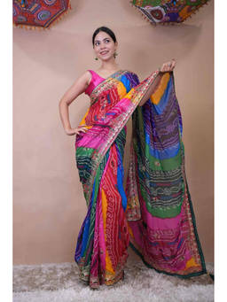 Shobitam - Multicolor Bandhej Georgette Gota Patti Border Pre Drape Saree with Unstitched Blouse