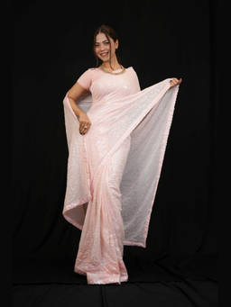 Shobitam - Pink Georgette Sequin Work Ready To Wear Saree with Unstitched Blouse