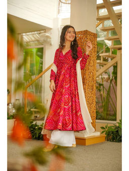 Idaho Clothing - Bandhej Belle Red Anarkali with Palazzo & Dupatta