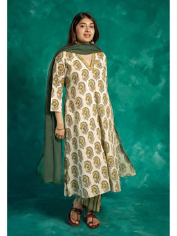 The Indian Ethnic Co. - Vinita Yellow Bagru Cotton A Line Kurta