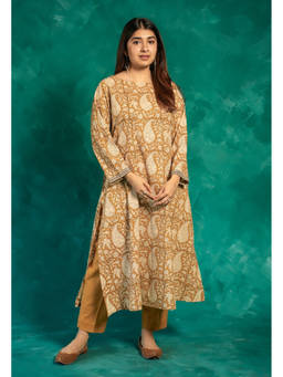 The Indian Ethnic Co. - Zasha Yellow Bagru Cotton A Line Kurta