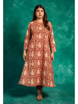 The Indian Ethnic Co. - Zoohi Red Bagru Cotton A Line Kurta