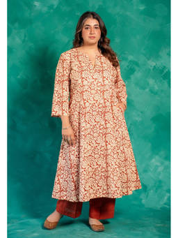 The Indian Ethnic Co. - Malika Red Bagru Cotton Kali Anarkali Kurta