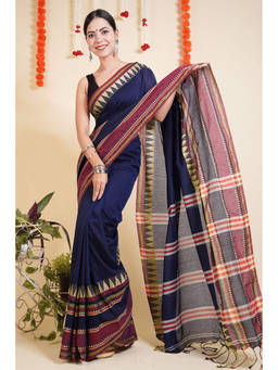 Shobitam - Traditional Bengali Temple Border Woven Blue Predraped Saree With Unstitched Blouse