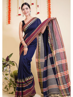 Shobitam - Bengali Temple Border Woven Cotton Wrap In 1 Minute Saree with Unstitched Blouse