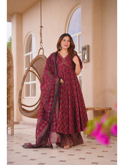 Idaho Clothing - Elaf Maroon Cotton Anarkali with Palazzo & Dupatta