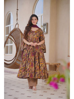 Idaho Clothing - Brown Elisha Printed Cotton Anarkali with Pant & Dupatta