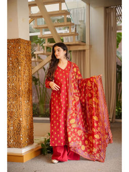 Idaho Clothing - Farzana Red Cotton Kurta with Pant & Dupatta