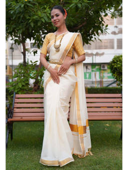 Shobitam - Off White Kerala Kasavu Zari Border Wrap In 1 Minute Saree with Unstitched Blouse