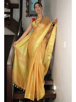 Shobitam - Linen Slub Classy Gold Predraped Saree With Unstitched Blouse