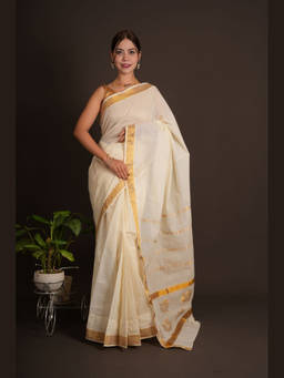 Shobitam - Kerala Kasavu Zari Border Wrap In 1 Minute Saree with Unstitched Blouse