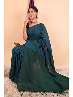 Shobitam - Beautiful Khadi Cotton Handloom Blue Predraped Saree With Unstitched Blouse