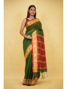 Shobitam - Green Cotton Silk Red Zari Border Striped Pallu Ready To Wear Saree