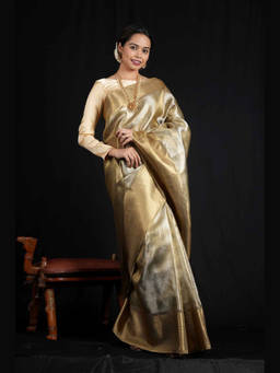 Shobitam - Tissue Silk Blend Banarasi Motifs Golden Zari Border Saree with Unstitched Blouse