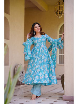 Idaho Clothing - Geervani Blue Cotton Anarkali with Palazzo & Dupatta