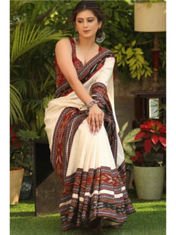 Shobitam - Off White Ajrakh Cotton Rust Black Vegetable Dyed Saree with Unstitched Blouse