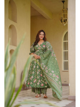 Idaho Clothing - Insiya Green Cotton Anarkali with Palazzo & Dupatta