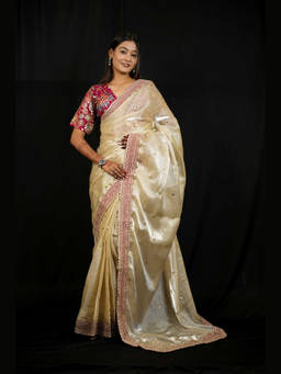 Shobitam - Jimi Chu Fabric Embroidery Lace Border Sequin Butti Saree with Unstitched Blouse