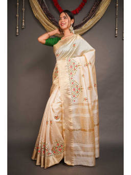 Shobitam - Kerala Kasavu Embroidered Cotton Silk Wrap In 1 Minute Saree with Unstitched Blouse