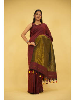 Shobitam - Khadi Cotton With Subtle Zari Maroon Predraped Saree With Unstitched Blouse