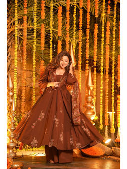 Idaho Clothing - Brown Kshirja Printed Cotton Anarkali with Palazzo & Dupatta