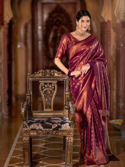 Shobitam - Maroon Lichi Silk Woven Zari Design Saree with Unstitched Blouse