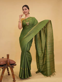 Shobitam - Bhagalpuri Cotton Silk Gold Resham Woven Border Saree with Unstitched Blouse