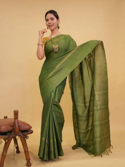 Shobitam - Bhagalpuri Cotton Silk Green Predraped Saree With Unstitched Blouse